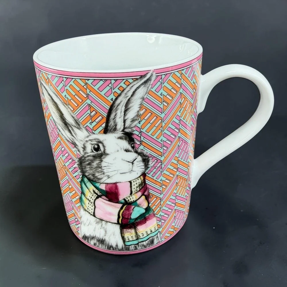 Williams Sonoma Rabbit Scarf Coffee Mug Pink Orange Teal Geometric Bunny Ceramic